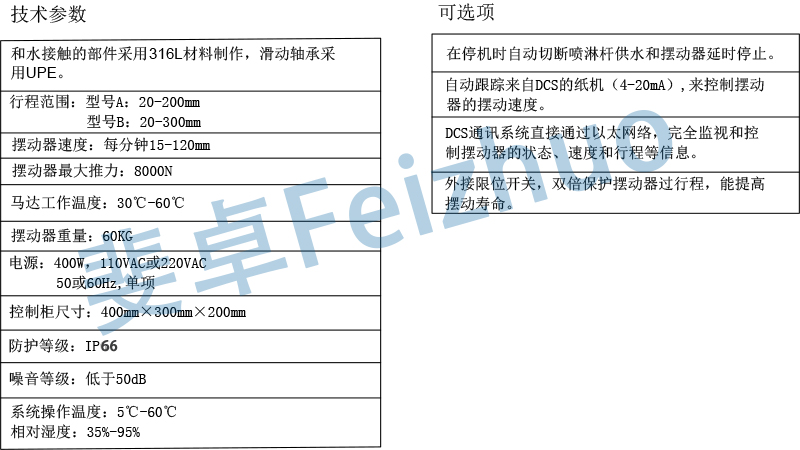 斐卓噴淋擺動(dòng)裝置參數(shù)表l